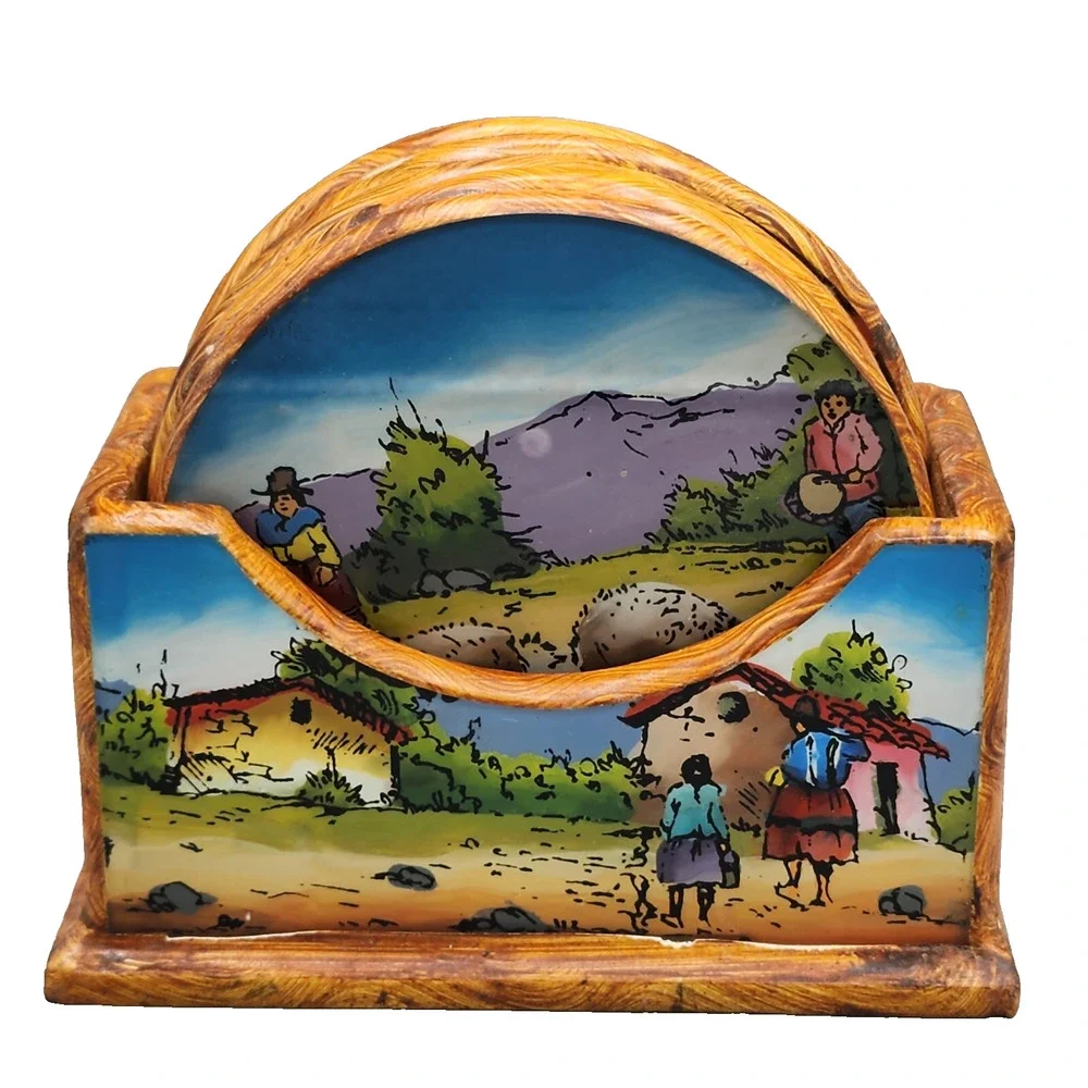 Set of 6 Wood Coasters 3.5” Old Mexico Scenes Vibrant Colors Glossy w/ Case